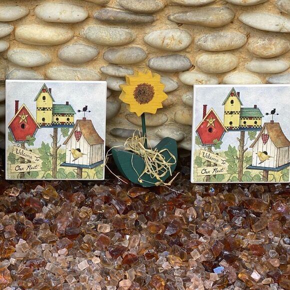 🏡FOUR STONE ART ABSORBENT COASTERS “Welcome to Our Nest” & birdhouse motif. New - Picture 1 of 5